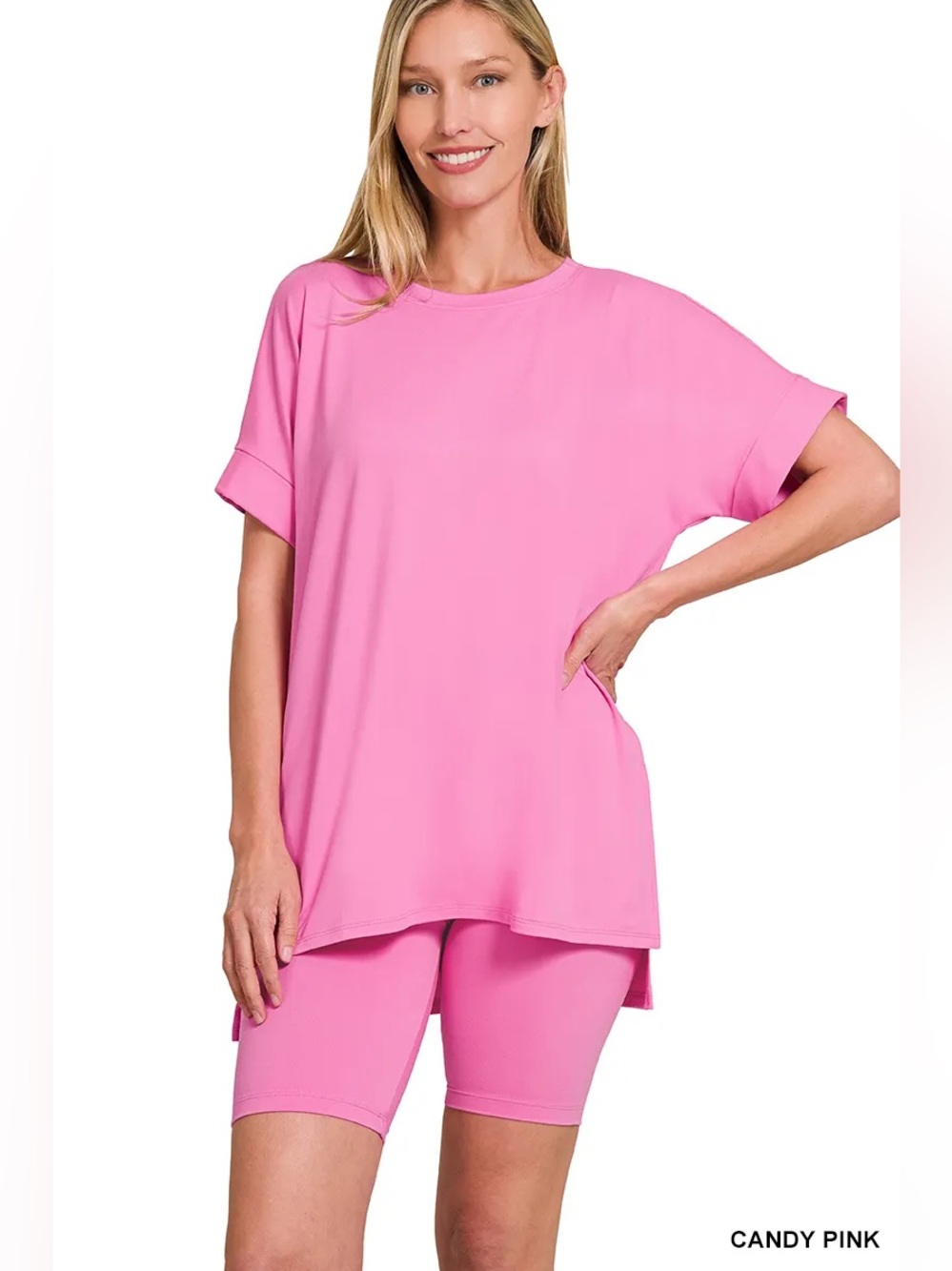 Zenana microfiber biker short set candy pink